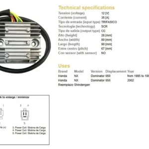 DZE REGULATOR NAPIĘCIA HONDA NX 650 DOMINATOR ‘95-‘99; ‘02 (31600-MAN-621) (35A) Dostępne od ręki
